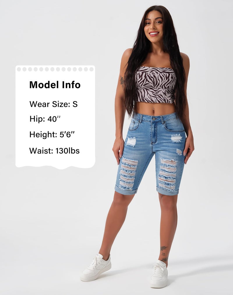 roswear Women's Distressed Ripped Mid Length Rolled Hem Shorts Jeans Blue XXL - Image 4